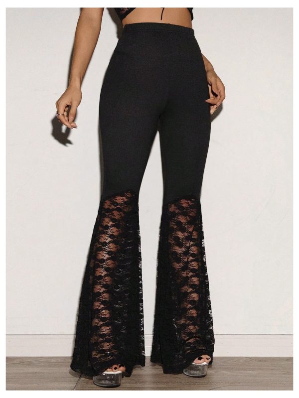 Women's Floral Lace Bell Bottom Pants Sheer Mesh Flare Leg Elastic High Waist Trendy Sexy Long Trousers