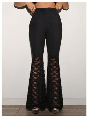 Women's Floral Lace Bell Bottom Pants Sheer Mesh Flare Leg Elastic High Waist Trendy Sexy Long Trousers