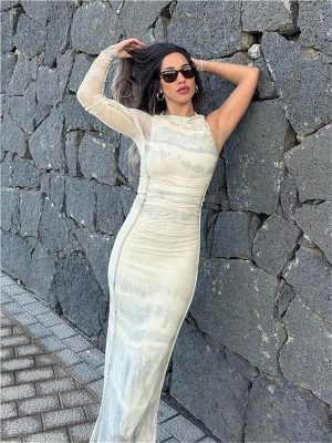 Boho One Shoulder Dress Women Sexy Ruched Tie Dyed Maxi Long Dress Tulle Elastic Summer Beach Party Evening Robe Gown