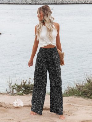 Womens Elastic High Waisted Palazzo Pants Casual Wide Leg Long Lounge Pant Trousers with Pocket