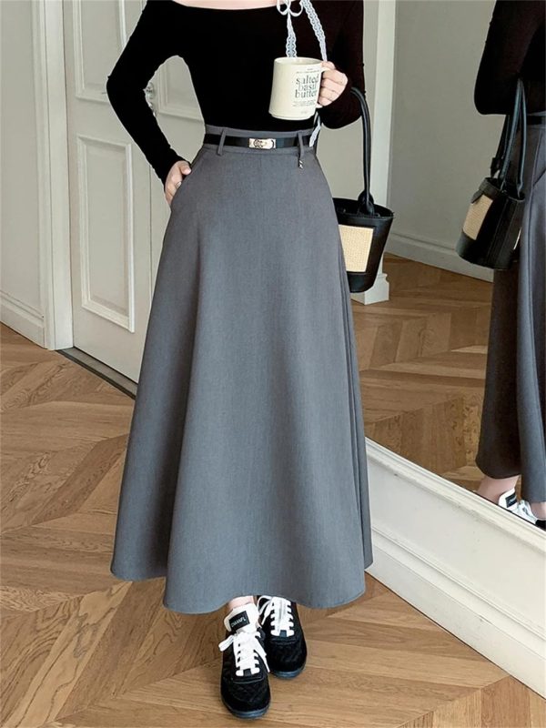 Women's Summer Long Skirt with Belt High Waist Elegant Office OL Big Swing Midi A-Line Skirts