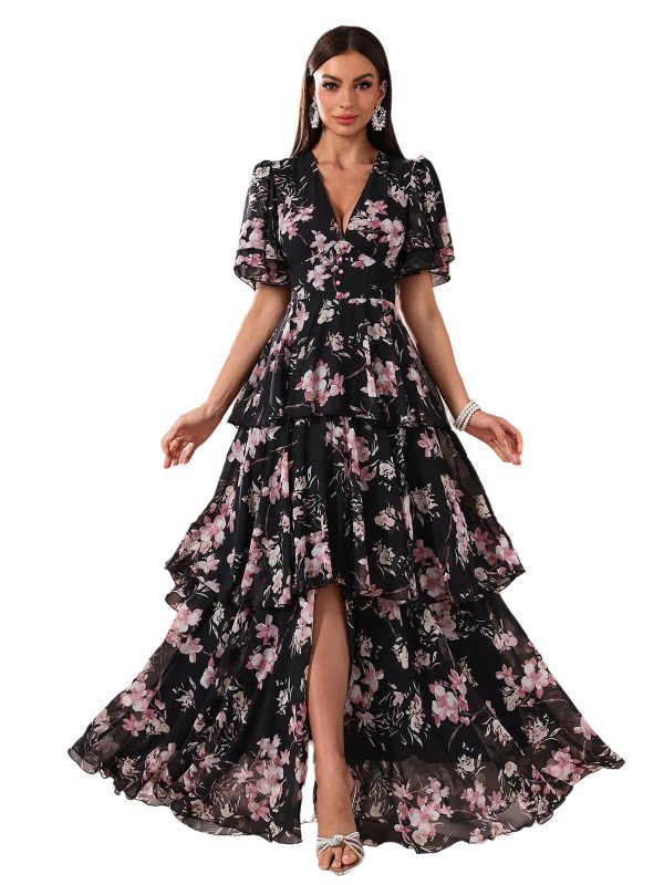Summer Casual Dresses for Women 2024 Spring Fashion Boho V Neck Long Sleeve Ruffle Floral Print Elegant Maxi Dress