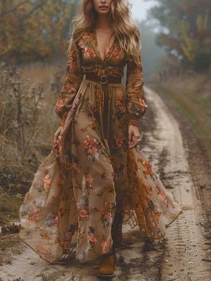 Women's Long Boho Dress Vintage Pastoral Flower V-Neck Dresses Chiffon Western Country Dresses Casual Maxi Dress