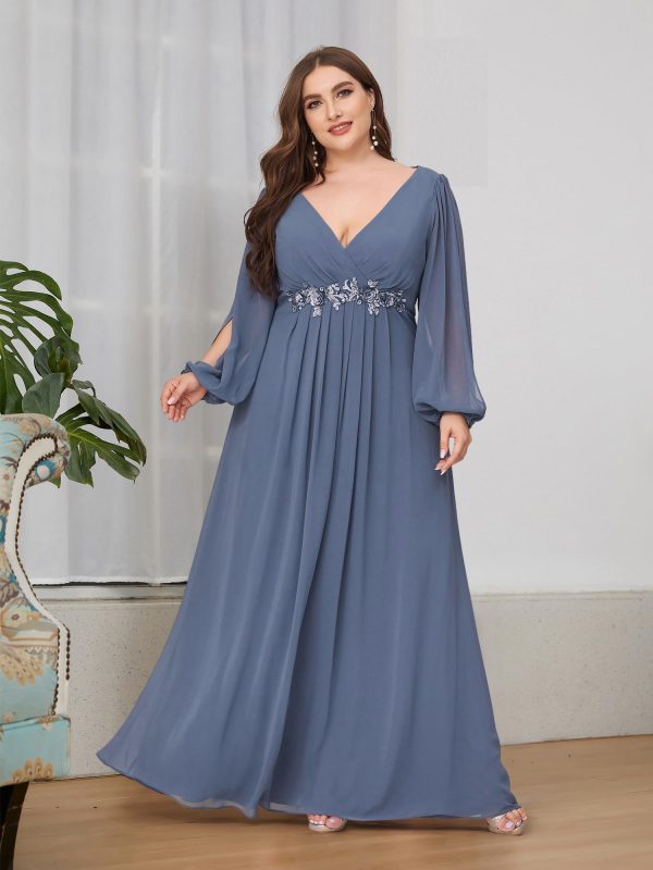 Women's Floor Length V Neck Lantern Sleeves Floral Applique Plus Size Formal Dresses for Curvy Women
