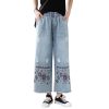 Fashion Spring Summer Ladies Ripped Loose Jeans Women Casual Embroidery Elastic Wide-Leg Denim Trousers