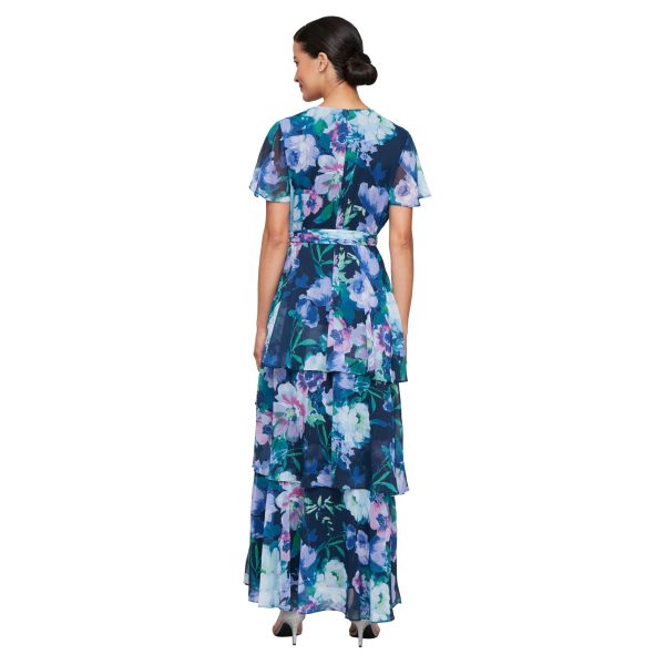 Women's Short Sleeve Tiered Skirt Long Maxi Dress with Surplice Neckline, Wedding (Petite and Regular Sizes)