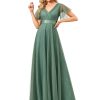 Women's Mother of Bride Dress Double V-Neck Empire Waist Front Wrap Tulle Bridesmaid Dress 07962