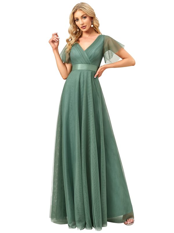 Women's Mother of Bride Dress Double V-Neck Empire Waist Front Wrap Tulle Bridesmaid Dress 07962