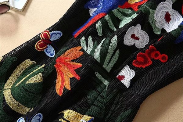 Women Spring Summer Flowers Butterfly Parrot Embroidery Mermaid Dress