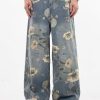 Y2k Baggy Jeans Men Flower Print Graphic Jeans Harajuku Wide Leg Boyfriend Denim Pants Streetwear