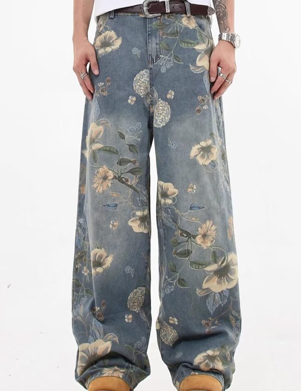 Y2k Baggy Jeans Men Flower Print Graphic Jeans Harajuku Wide Leg Boyfriend Denim Pants Streetwear