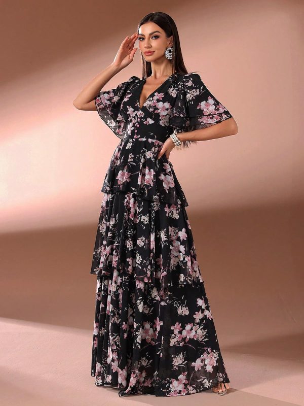 Summer Casual Dresses for Women 2024 Spring Fashion Boho V Neck Long Sleeve Ruffle Floral Print Elegant Maxi Dress