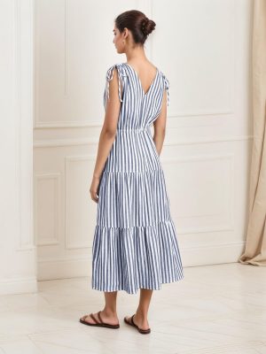 Bohemian V Neck Maxi Dress Sleeveless Summer Striped Slim Fit Elegant French Style Office Long Dress