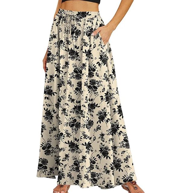 Women Floral Print Long Skirts Bohemian Style Holiday Elastic Waist Drawstring Large Swing A-Line Skirt