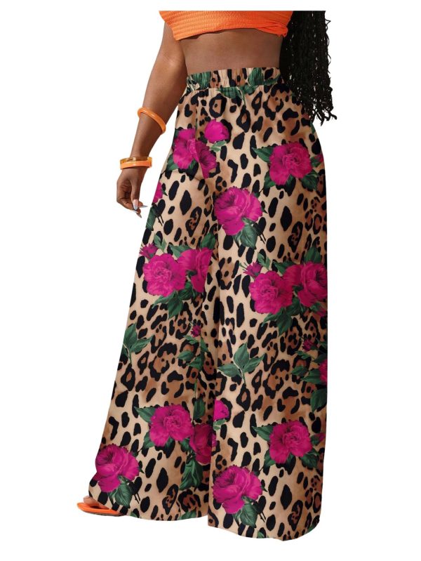 Women's Boho Palazzo Pants Leopard Floral Print High Waisted Wide Leg Baggy Casual Vacation Long Trousers