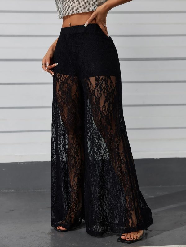 Women's Lace Sheer Elastic Waist Wide Leg Pants See Through Long Trousers Party Clubwear