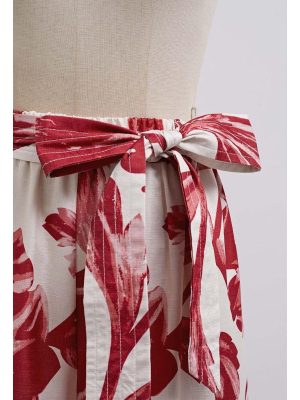 Women Wide Leg Pants Floral Printed High Elastic Waist Belted Summer Casual Long Trousers with Pockets Red