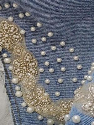 Heavy Industry Pearl Beading Lace Splicing Irregular Hem Jean Skirt Women Summer Korea Denim Skirt