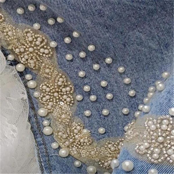 Heavy Industry Pearl Beading Lace Splicing Irregular Hem Jean Skirt Women Summer Korea Denim Skirt