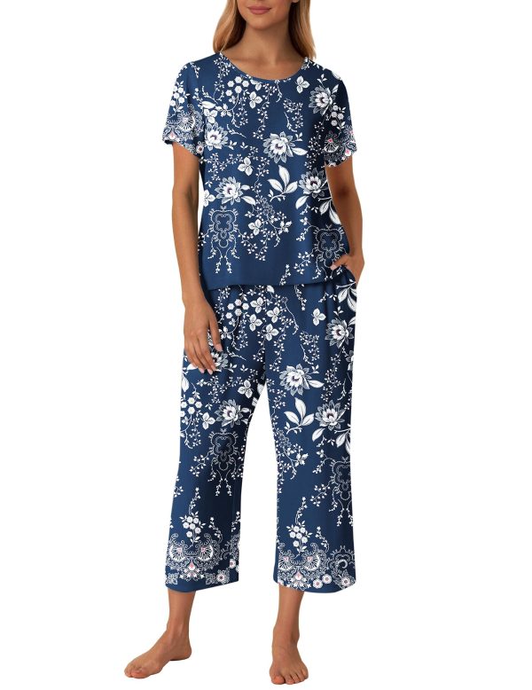 Women's Two Piece Lounge Set Short Sleeve Shirt and Capri Pants Mumu Pajama with Pockets Loungewear Pjs Sets