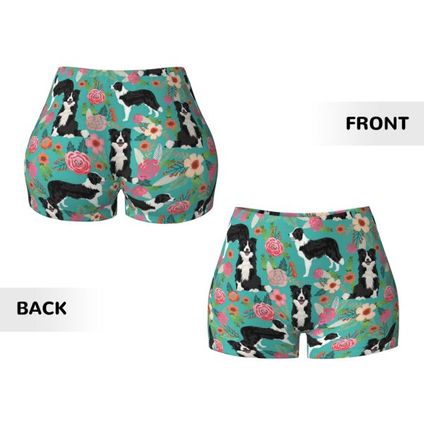 Border Collie Florals Print Women's Workout Shorts Elastic Athletic Gym Shorts Summer Seamless High-Waisted Yoga