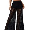 Women's Lace Sheer Elastic Waist Wide Leg Pants See Through Long Trousers Party Clubwear