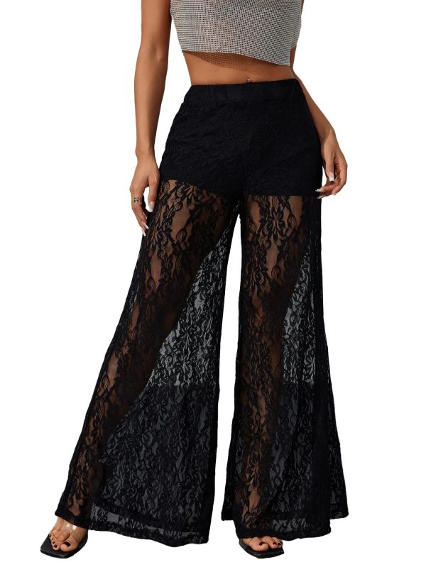Women's Lace Sheer Elastic Waist Wide Leg Pants See Through Long Trousers Party Clubwear