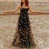 Women V-Neck Five Pointed Star Mesh Hanging Strap Perspective Temperament Long Dresses