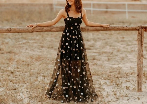Women V-Neck Five Pointed Star Mesh Hanging Strap Perspective Temperament Long Dresses