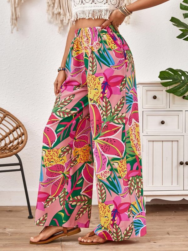 Women's Hawaiian Tropical Beach Palazzo Pants Flowy Boho Summer Wide Leg Trousers