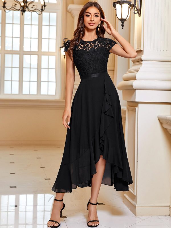 Women's Retro Lace Contrast Chiffon Ruffle Evening Maxi Dress