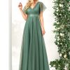Women's Mother of Bride Dress Double V-Neck Empire Waist Front Wrap Tulle Bridesmaid Dress 07962