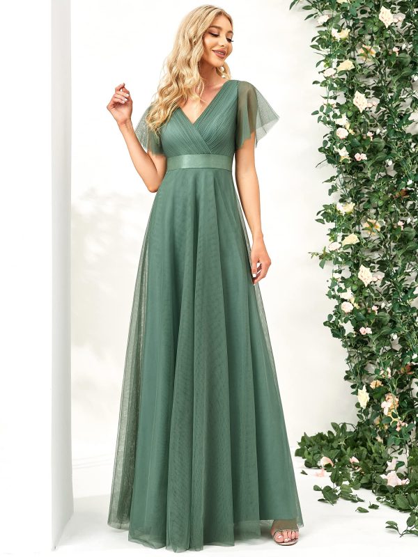 Women's Mother of Bride Dress Double V-Neck Empire Waist Front Wrap Tulle Bridesmaid Dress 07962