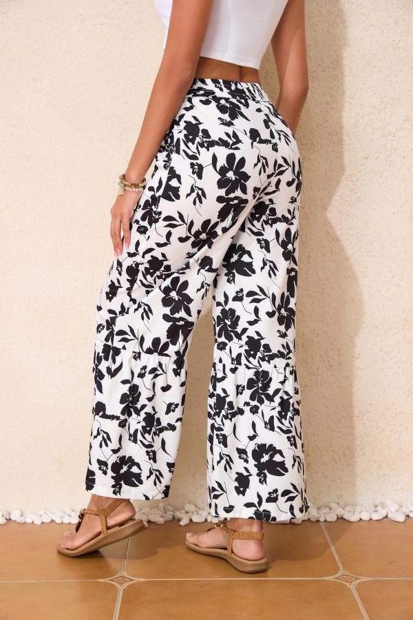 Palazzo Pants for Women Summer Beach Elastic Waisted Trousers with Pockets Wide Leg Loose Fit Pants Black Floral XXL