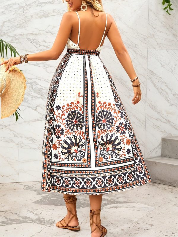 Bohemian Backless Spaghetti Strap Maxi Dress Ethnic Print Trendy Vacation Casual Long Dress for Women Summer Style