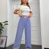 Women's Straight Wide Leg Trousers Striped Print Letter Patched Detail High Waist Y2K Fashion Pants