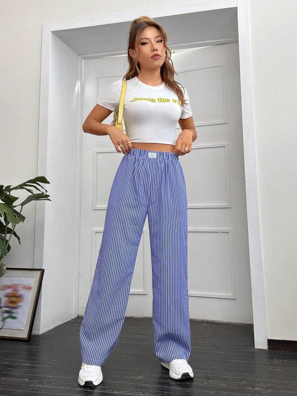 Women's Straight Wide Leg Trousers Striped Print Letter Patched Detail High Waist Y2K Fashion Pants