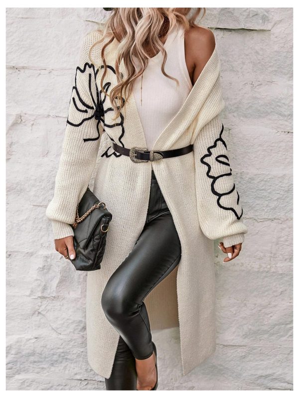 Women's Floral Pattern Cardigan Sweater Open Front Long Sleeve Loose Casual Outwear