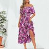 Women's 2025 Spring Summer Boho Off Shoulder Midi Dress Floral Short Sleeve A Line Casual Beach Vacation Dresses