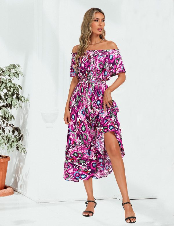 Women's 2025 Spring Summer Boho Off Shoulder Midi Dress Floral Short Sleeve A Line Casual Beach Vacation Dresses