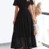 Womens 2025 Summer Maxi Dress Short Sleeve V Neck Hollow Out Eyelet A Line Long Flowy Beach Vacation Dresses