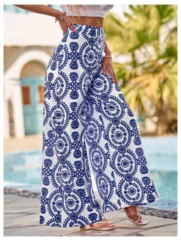 Women's High Waist Floral Wide Leg Palazzo Pants Flowy Travel Trousers