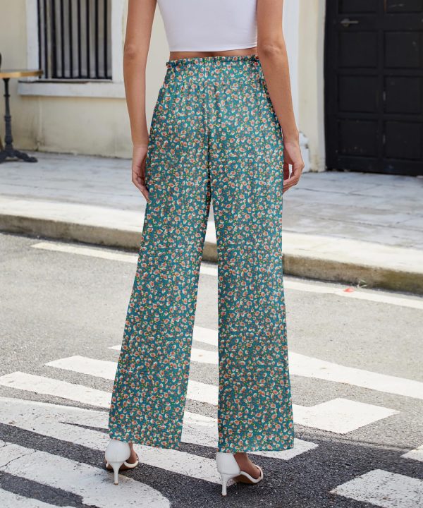 Women Summer Casual Wide Leg Pants High Waisted Elastic Tie Knot Boho Beach Trousers with Pockets