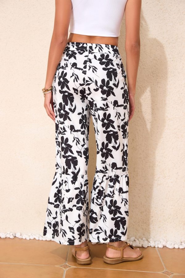 Palazzo Pants for Women Summer Beach Elastic Waisted Trousers with Pockets Wide Leg Loose Fit Pants Black Floral XXL