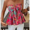 Women's Floral Tube Tops Strapless Tie Front Frill Peplum Shirred Boho Summer Bandeau Top