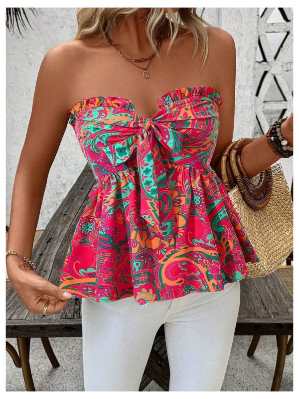 Women's Floral Tube Tops Strapless Tie Front Frill Peplum Shirred Boho Summer Bandeau Top