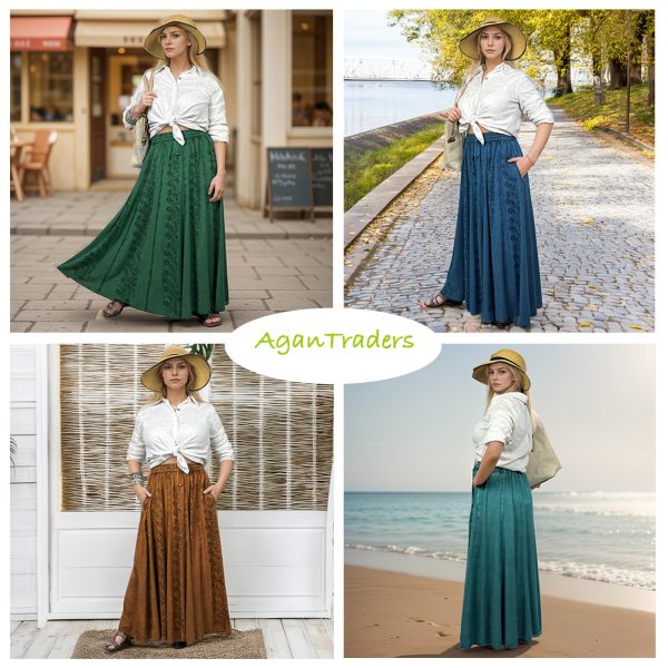 Women's 2025 Summer A Line Flared Floral Embroidered Panel Flowy High Waisted Maxi Skirt