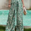 Womens Printed Wide Leg Pants Ruffle Elastic Drawstring Beach Vacation Palazzo Loose Comfy Trousers with Pockets