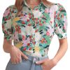 Women's Floral Print Short Puff Sleeve Blouse Elegant Collar Button Down Shirts Tops