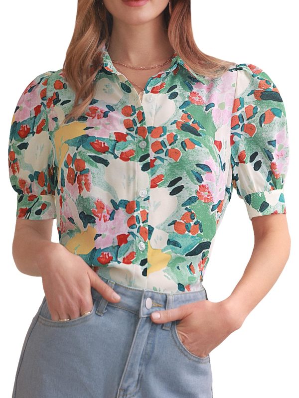 Women's Floral Print Short Puff Sleeve Blouse Elegant Collar Button Down Shirts Tops